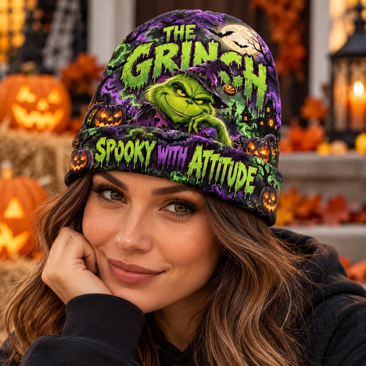 The Grinch Pumpkin Halloween Graphic Print Knit Beanie for Spooky Holi