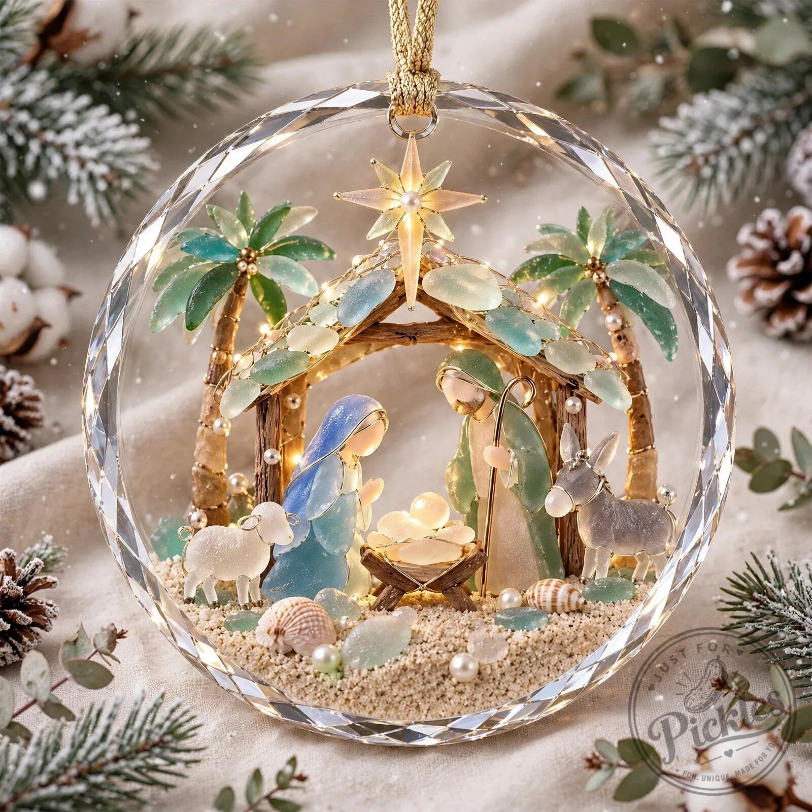Holly Nativity Sea Glass Crystal Christmas Ornament, Personalized Gifts For Christians