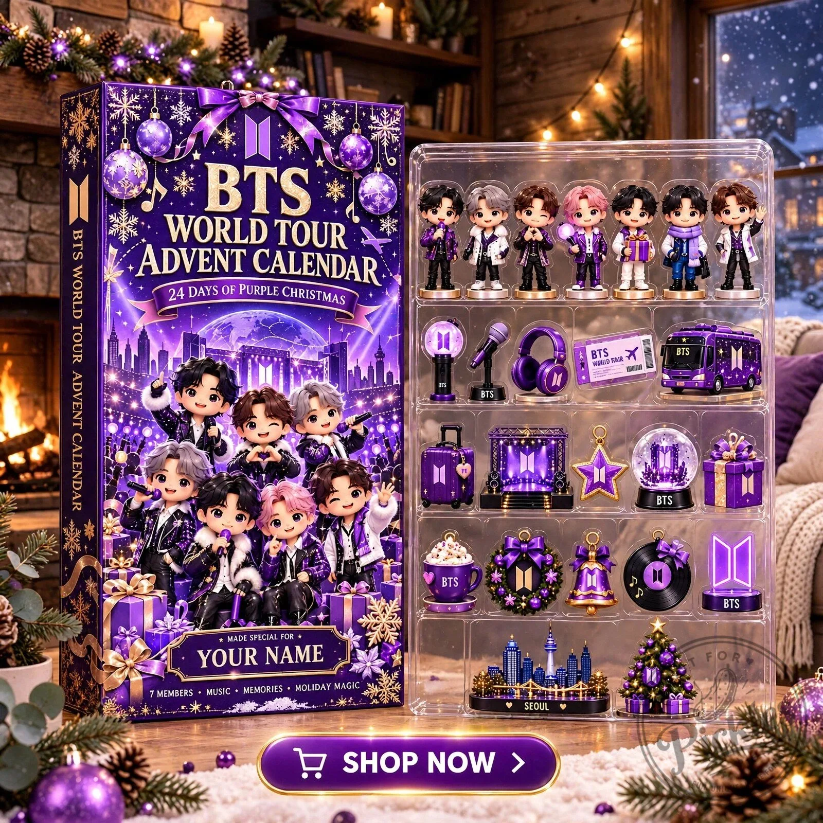 BTS Purple Advent Calendar Custom Any Name Gifts Full 24 Charm