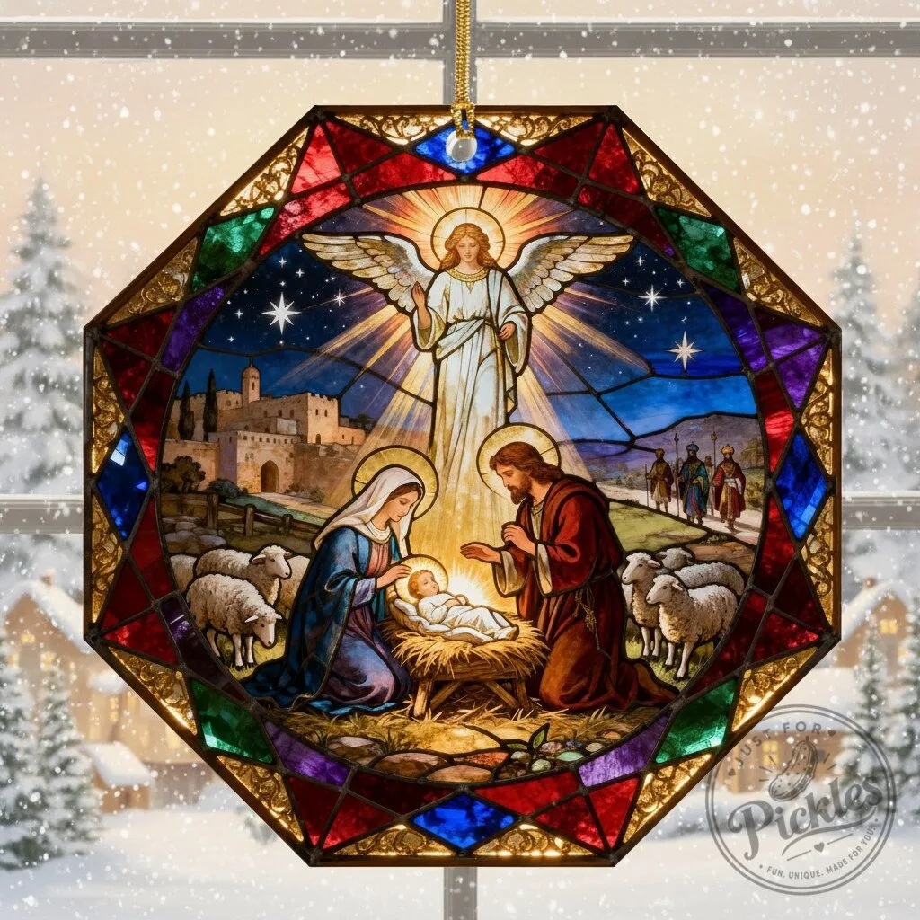 Stained Glass Nativity Scene Christmas Ornament – Holy Night Hanging Suncatcher