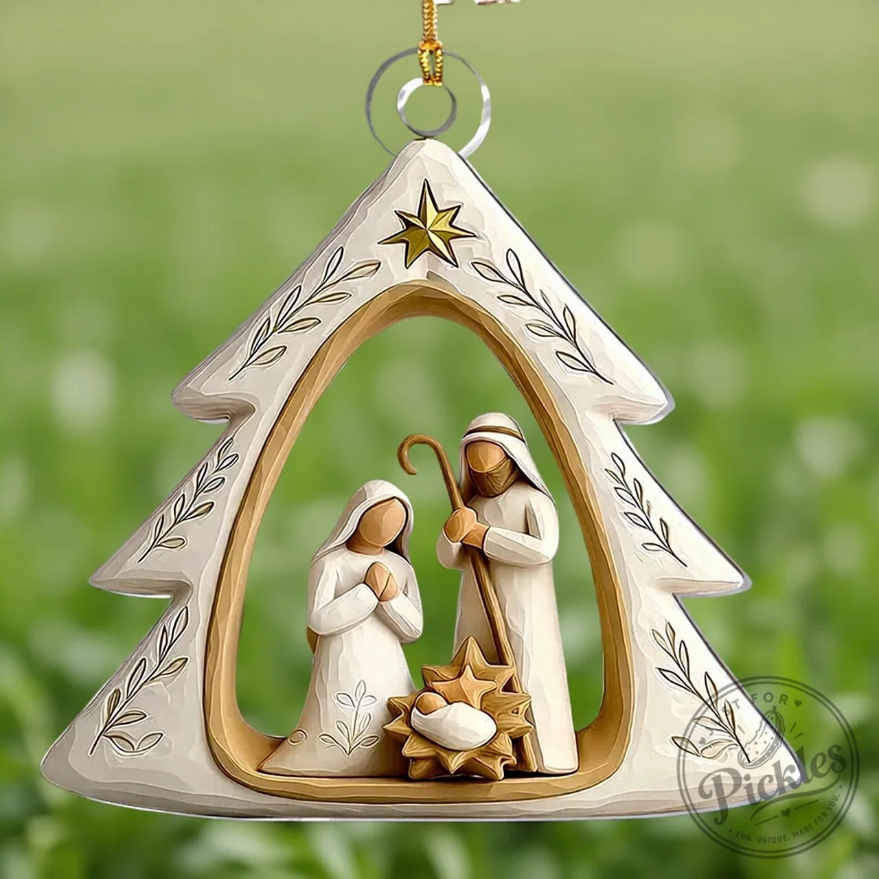 Nativity Scene Christmas Tree Shaped Ornament – Carved Holy Family Keepsake