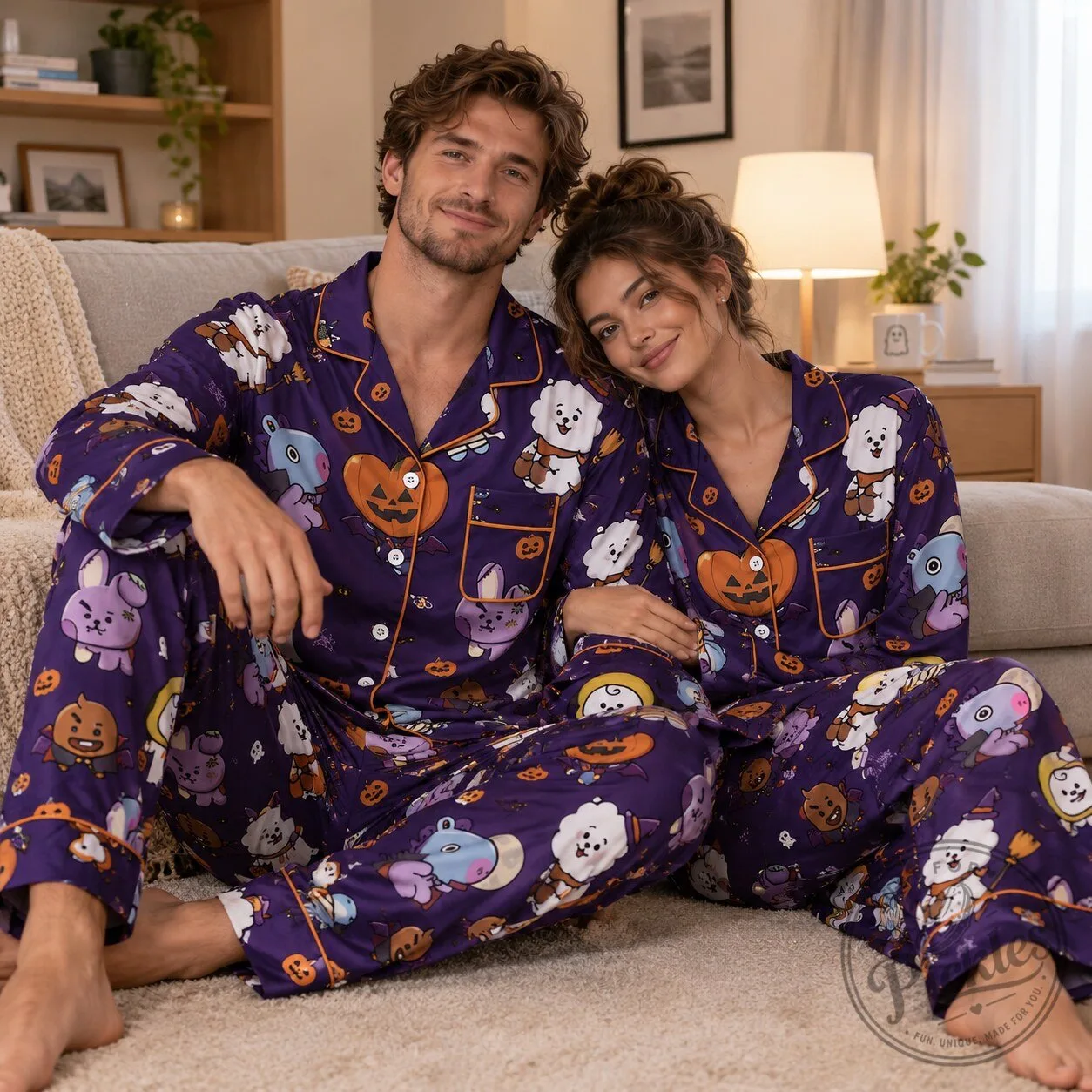 Halloween Matching Pajamas Set – Purple Spooky Couple Sleepwear
