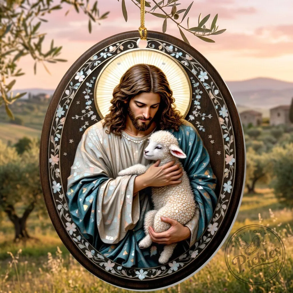 Christian Jesus and Lamb Oval Ornament – Sacred Good Shepherd Christmas Gift