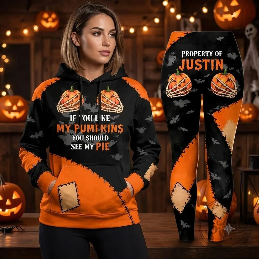 Custom Halloween Pumpkin Hoodie Leggings Set – Funny Skeleton Hands Tracksuit
