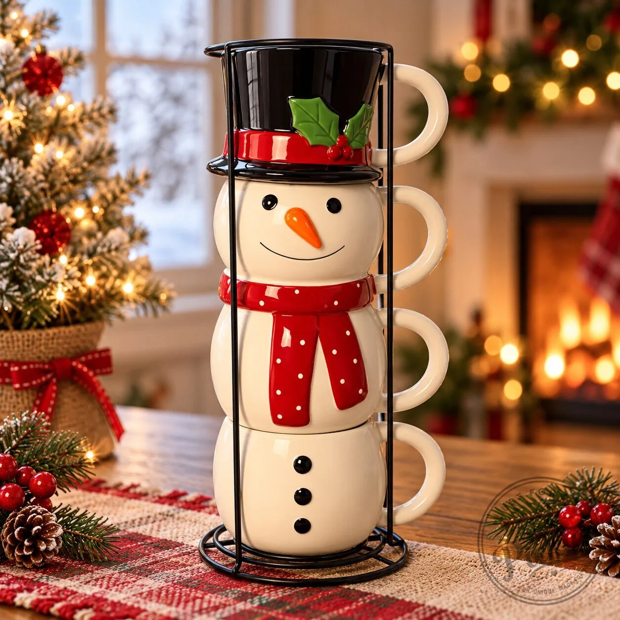 Christmas Snowman Stackable Mug Set with Stand – 4 Piece Holiday Ceramic Cups