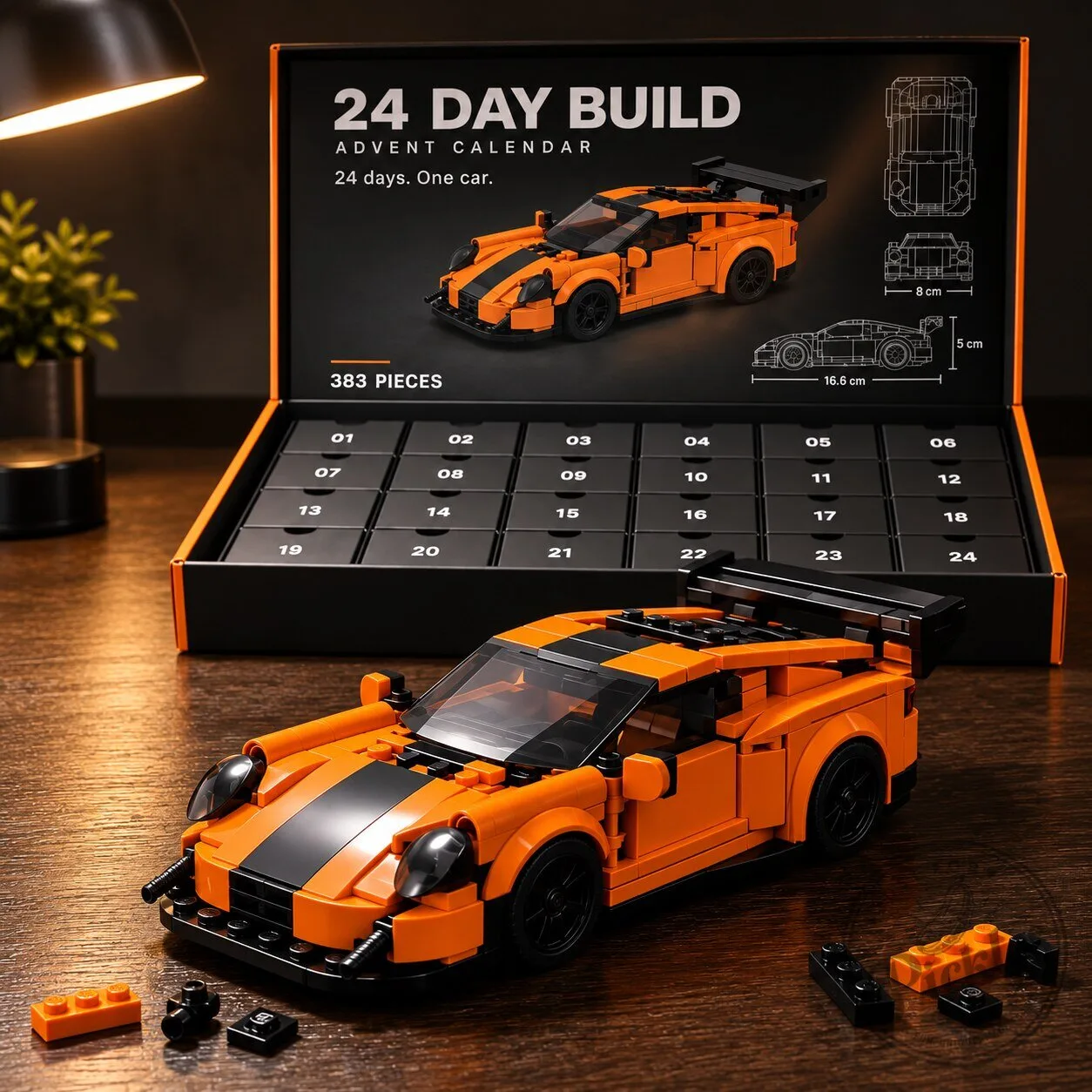 24 Day Build Supercar Advent Calendar 2026 – 383 Piece Orange GT Building Brick Kit