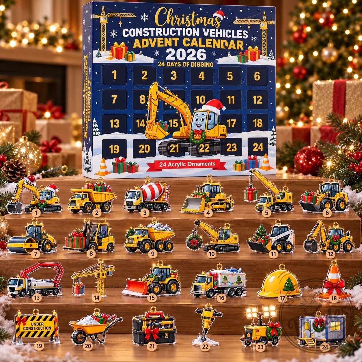 Christmas Construction Vehicles Advent Calendar 2026 – 24 Days Acrylic Ornaments Set