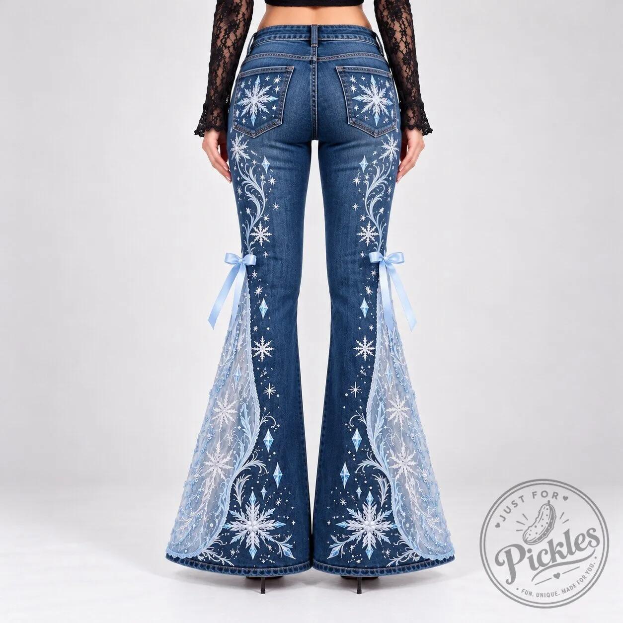 Snowflake Embroidered Flare Jeans 5 Snowflake Embroidered Flare Jeans product design shown in a detailed view