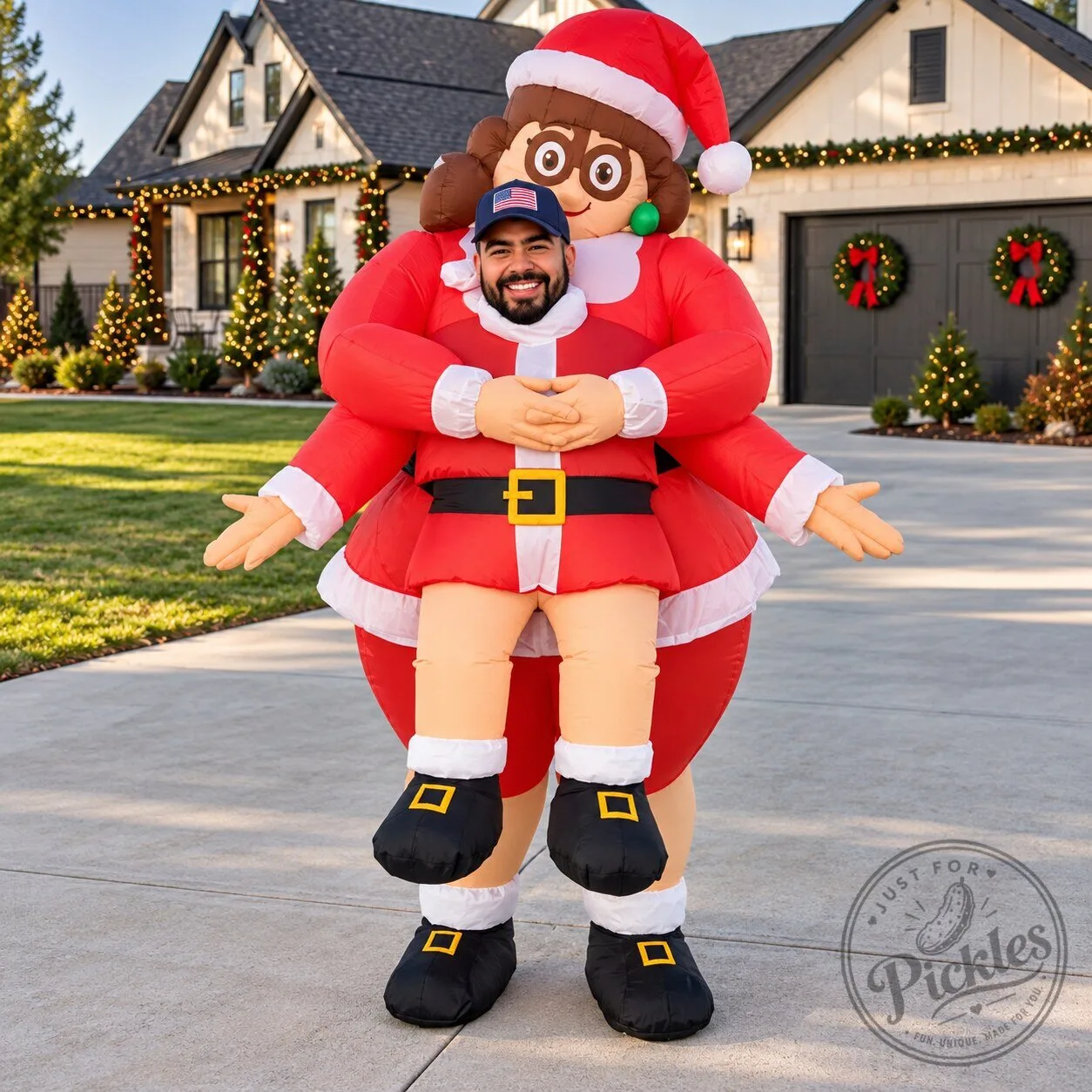 Inflatable Mrs. Claus Carrying Santa Costume – Funny Blow-Up Holiday Suit