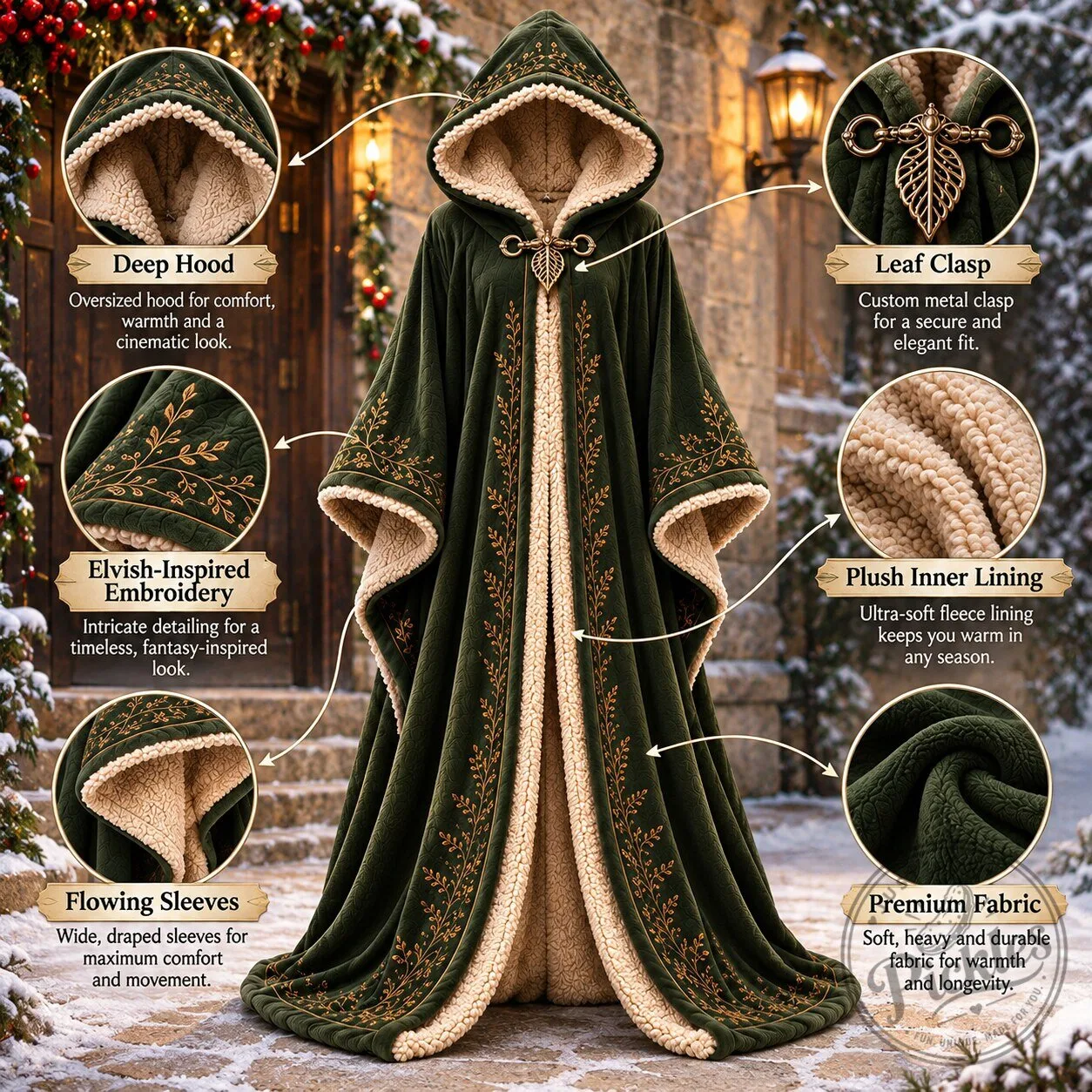 Medieval Forest Green Velvet Cloak 8 Medieval Forest Green Velvet Cloak product design shown in a detailed view