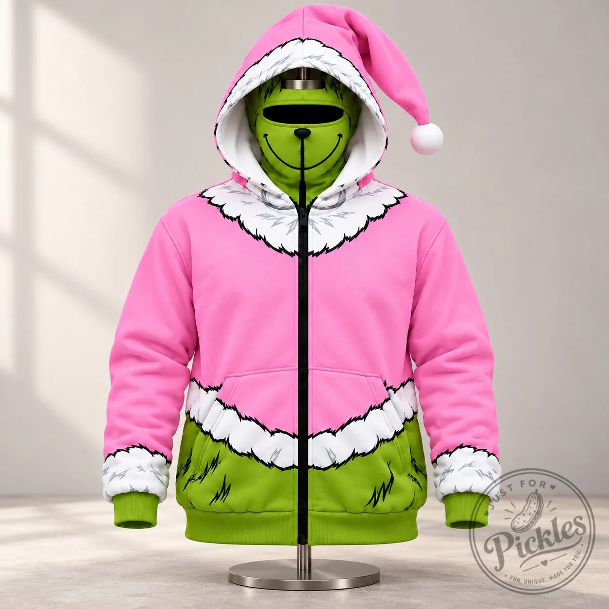 Pink Grinch Full Zip Balaclava Mask Hoodie